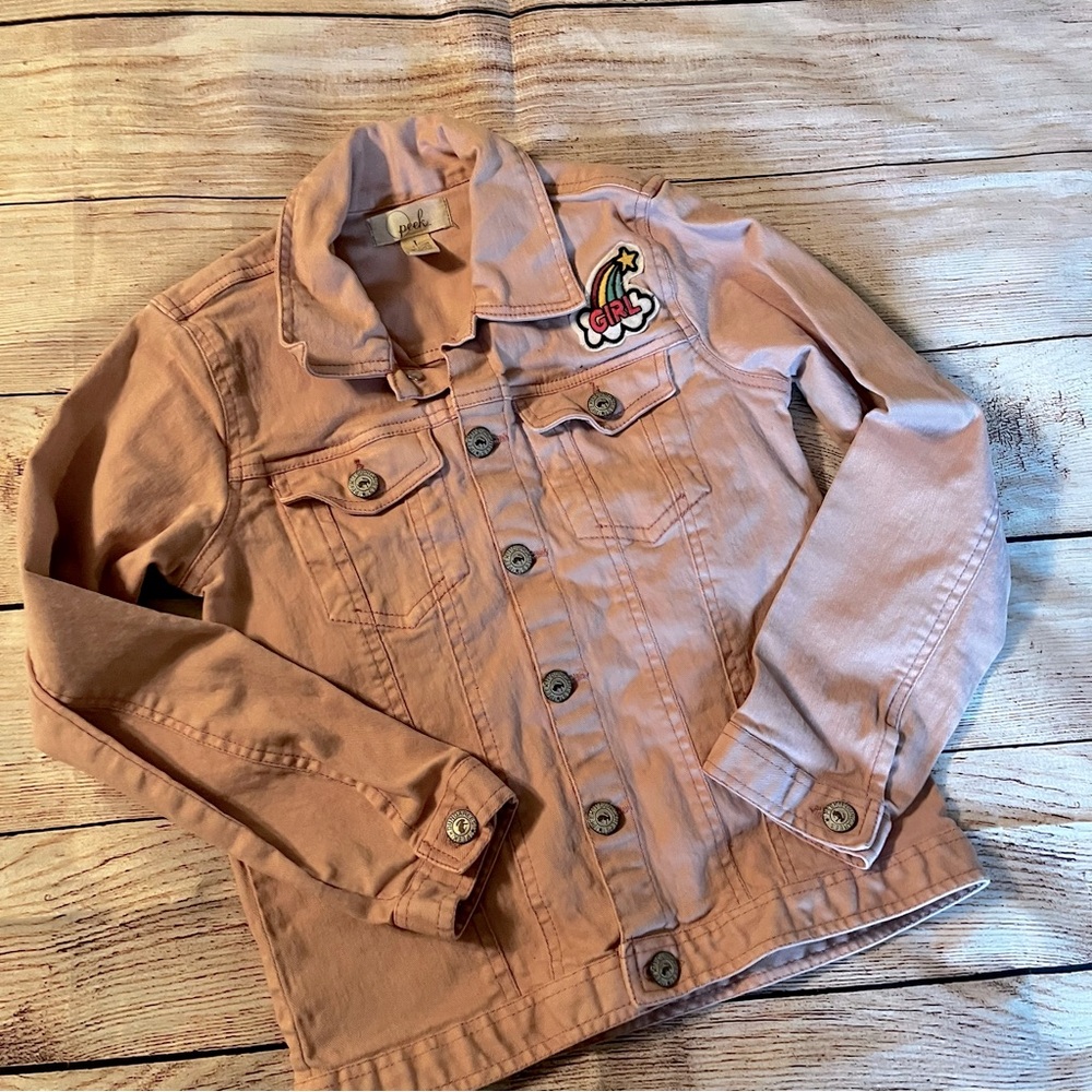 HTF Girl’s Peek Dungarees Sequin and Graphic Pink Denim Jacket size 10